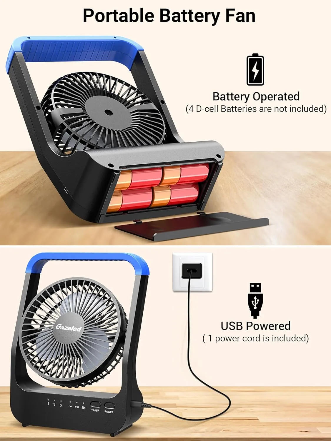 Battery Operated Fan, Camping Fan Battery Powered, Super Long Lasting, Portable D-Cell Battery Powered Desk Fan with Timer, 3 Speeds, Quiet, 180 Rotation, for Office,Bedroom,Outdoor, 5'', Blue