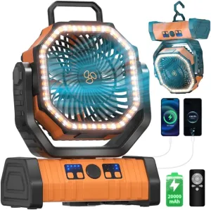 Battery Operated Fan Portable Battery Powered Camping Tent Fan with LED Lantern Light 20000mAh Rechargeable, Oscillating, 360 Rotating Hanging Hook, Cordless for Desk, Travel(Orange) 360-degree rotating fan for home use