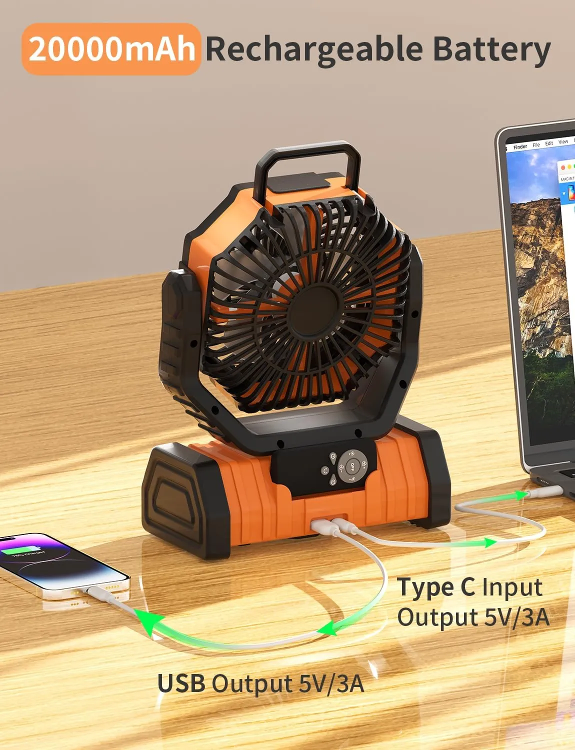 Battery Operated Fan Portable Battery Powered Camping Tent Fan with LED Lantern Light 20000mAh Rechargeable, Oscillating, 360 Rotating Hanging Hook, Cordless for Desk, Travel(Orange)