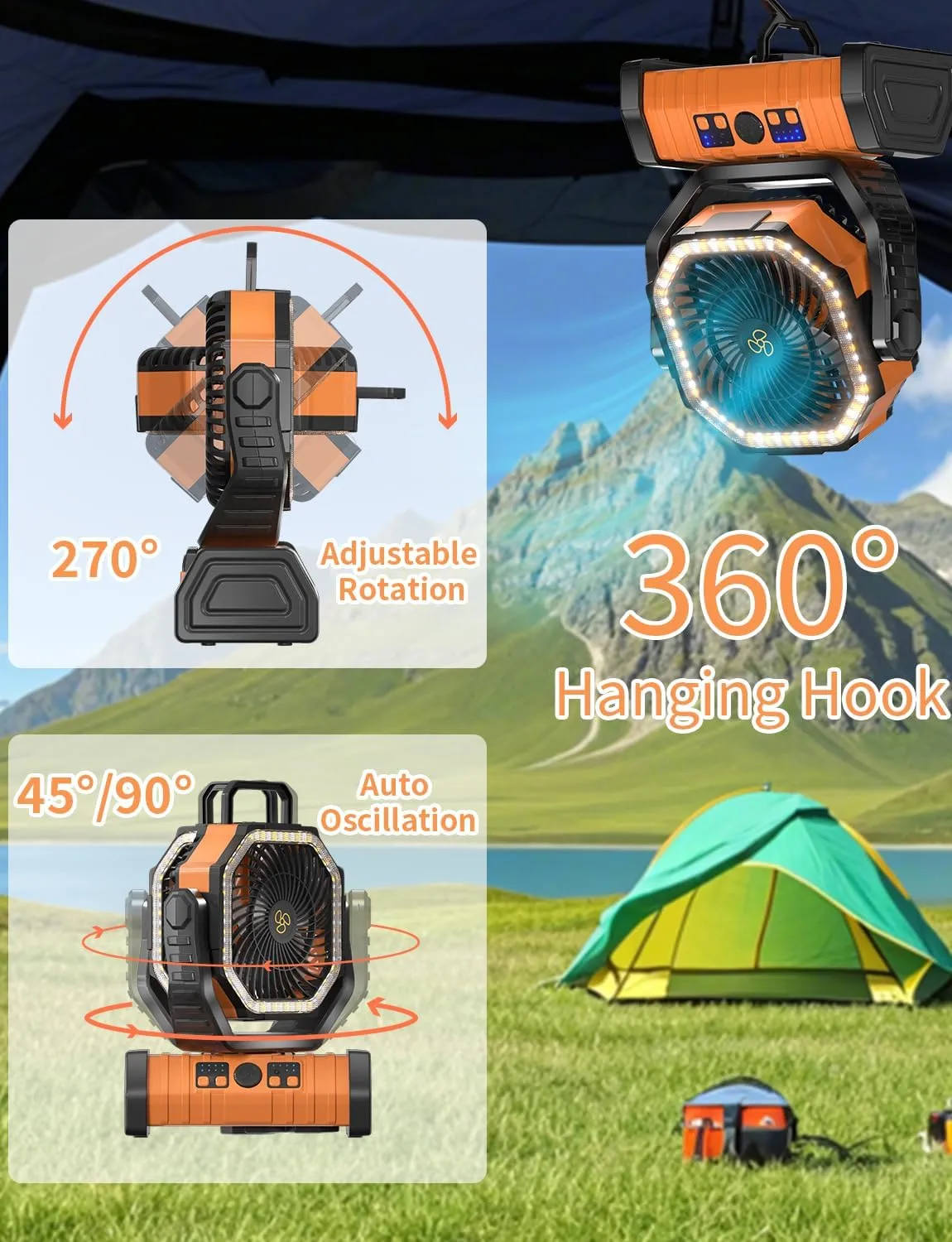 Battery Operated Fan Portable Battery Powered Camping Tent Fan with LED Lantern Light 20000mAh Rechargeable, Oscillating, 360 Rotating Hanging Hook, Cordless for Desk, Travel(Orange)