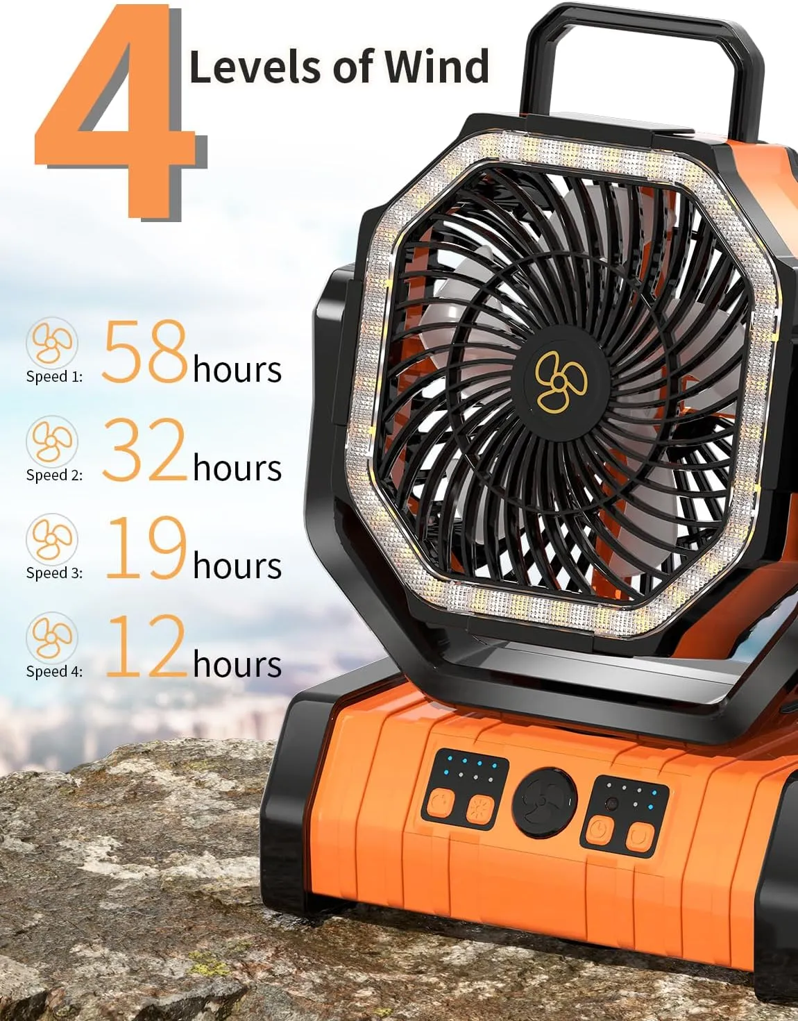 Battery Operated Fan Portable Battery Powered Camping Tent Fan with LED Lantern Light 20000mAh Rechargeable, Oscillating, 360 Rotating Hanging Hook, Cordless for Desk, Travel(Orange)