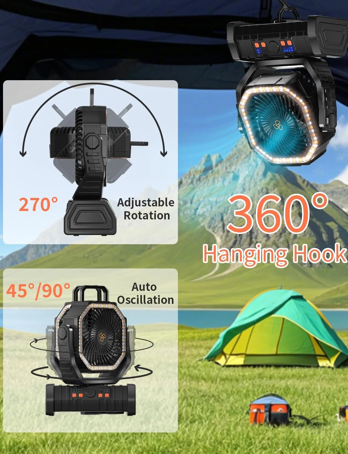 Battery Operated Fan Portable Battery Powered Outdoor Camping Tent Fan with LED Lantern Light 20000mAh Rechargeable, Oscillating, 360 Rotating Hanging Hook, Cordless USB Desk Fan(Black)