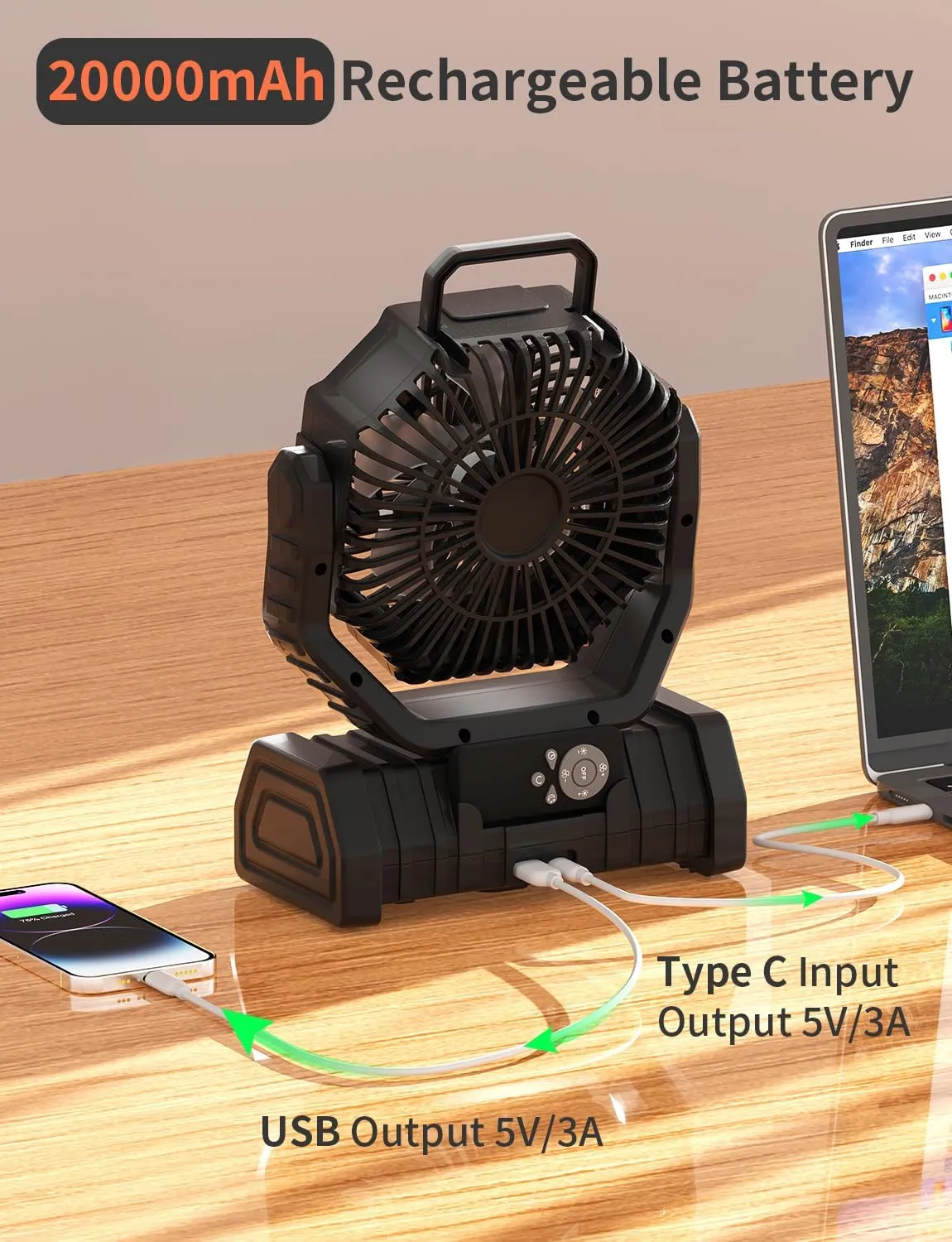Battery Operated Fan Portable Battery Powered Outdoor Camping Tent Fan with LED Lantern Light 20000mAh Rechargeable, Oscillating, 360 Rotating Hanging Hook, Cordless USB Desk Fan(Black)