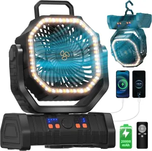 Battery Operated Fan Portable Battery Powered Outdoor Camping Tent Fan with LED Lantern Light 20000mAh Rechargeable, Oscillating, 360 Rotating Hanging Hook, Cordless USB Desk Fan(Black) 360-degree rotating fan for home use