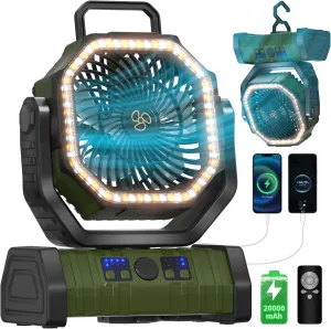 Battery Operated Fan Portable Camping Battery Powered Fan with LED Lantern Light 20000mAh Rechargeable, Oscillating, 360 Rotation Hanging Hook for Tent, Canopy, Beach, Outdoor(Green) Battery-powered portable fan