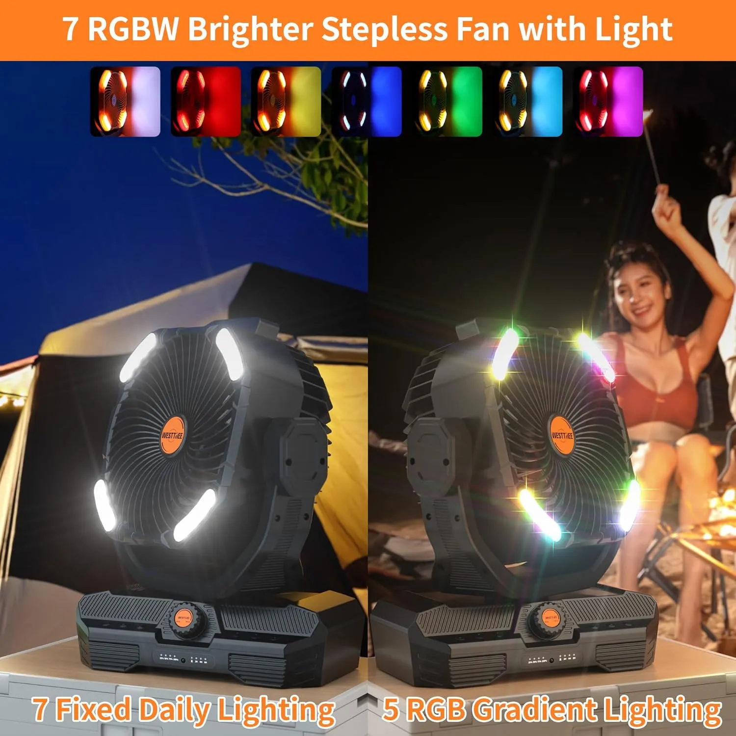Battery Operated Large Airflow Fan,45000mAh Rechargeable Camping Cordless Fan with 360Auto Oscillation & Timer, Queit Battery Powered Tent Fans Portable with RGBW Lights for Home X66 Black