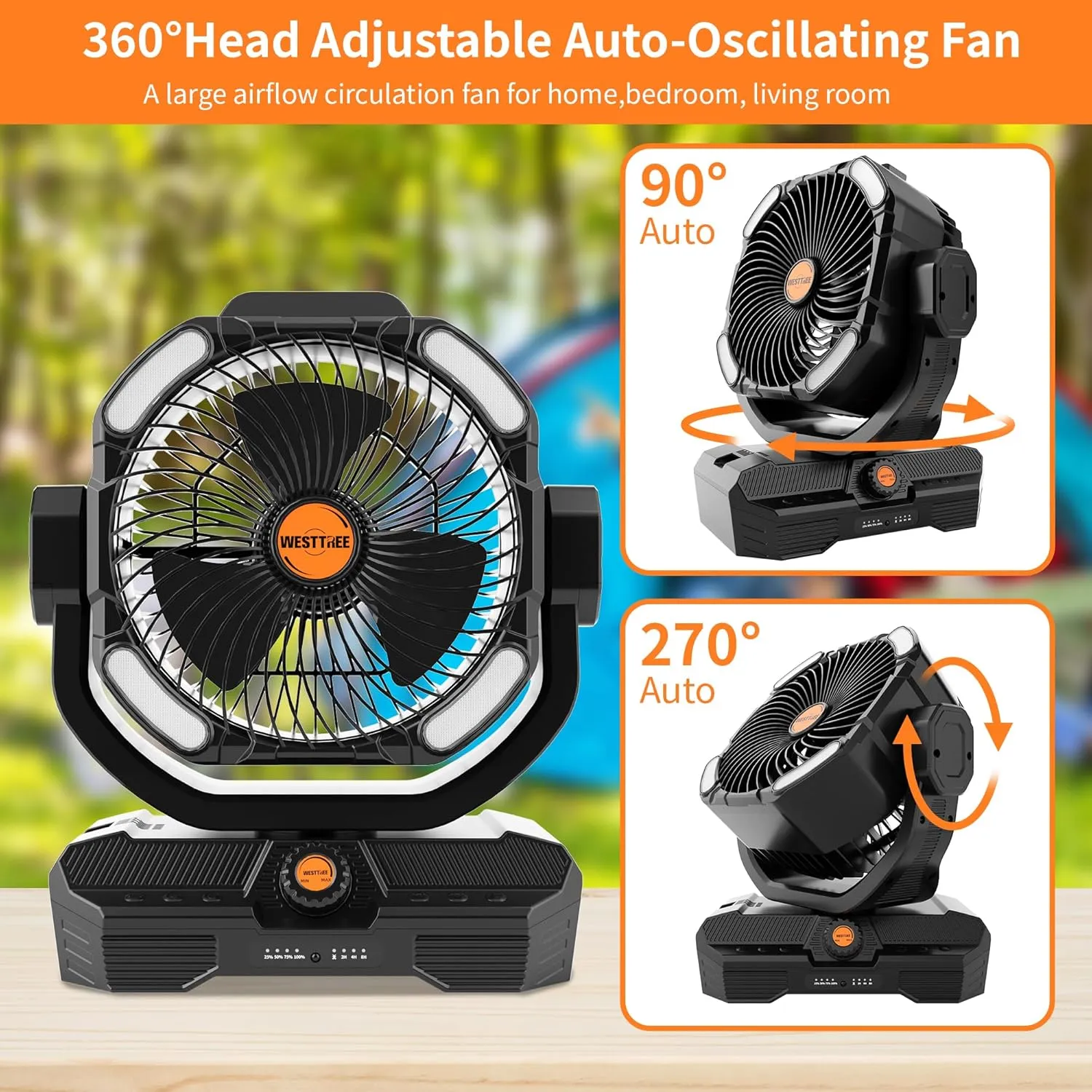 Battery Operated Large Airflow Fan,45000mAh Rechargeable Camping Cordless Fan with 360Auto Oscillation & Timer, Queit Battery Powered Tent Fans Portable with RGBW Lights for Home X66 Black