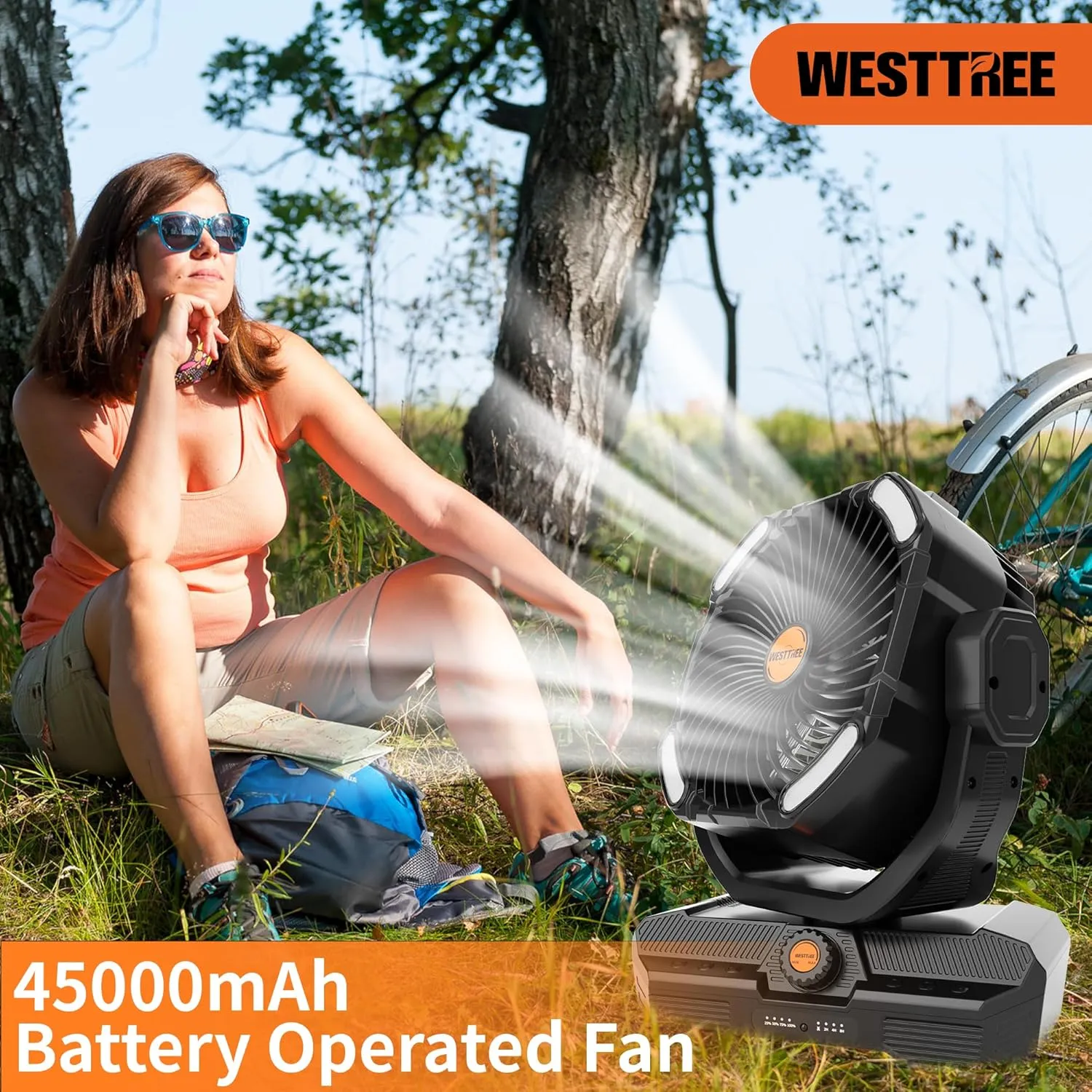 Battery Operated Large Airflow Fan,45000mAh Rechargeable Camping Cordless Fan with 360Auto Oscillation & Timer, Queit Battery Powered Tent Fans Portable with RGBW Lights for Home X66 Black