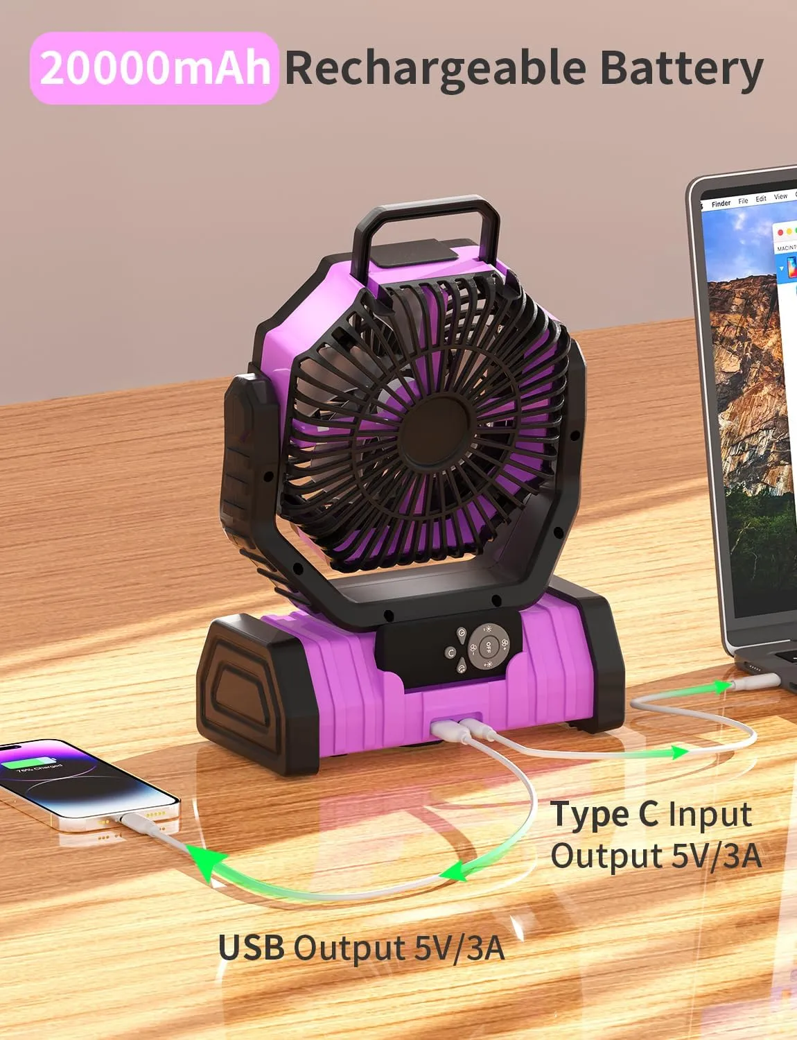 Battery Operated Portable Camping Fan Battery Powered Outdoor Tent Fan with LED Lantern Light 20000mAh Rechargeable, Oscillating, 360 Rotating Hanging Hook, Cordless USB Desk Fan(Pink)