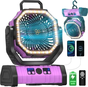 Battery Operated Portable Camping Fan Battery Powered Outdoor Tent Fan with LED Lantern Light 20000mAh Rechargeable, Oscillating, 360 Rotating Hanging Hook, Cordless USB Desk Fan(Pink) 360-degree rotating fan for home use