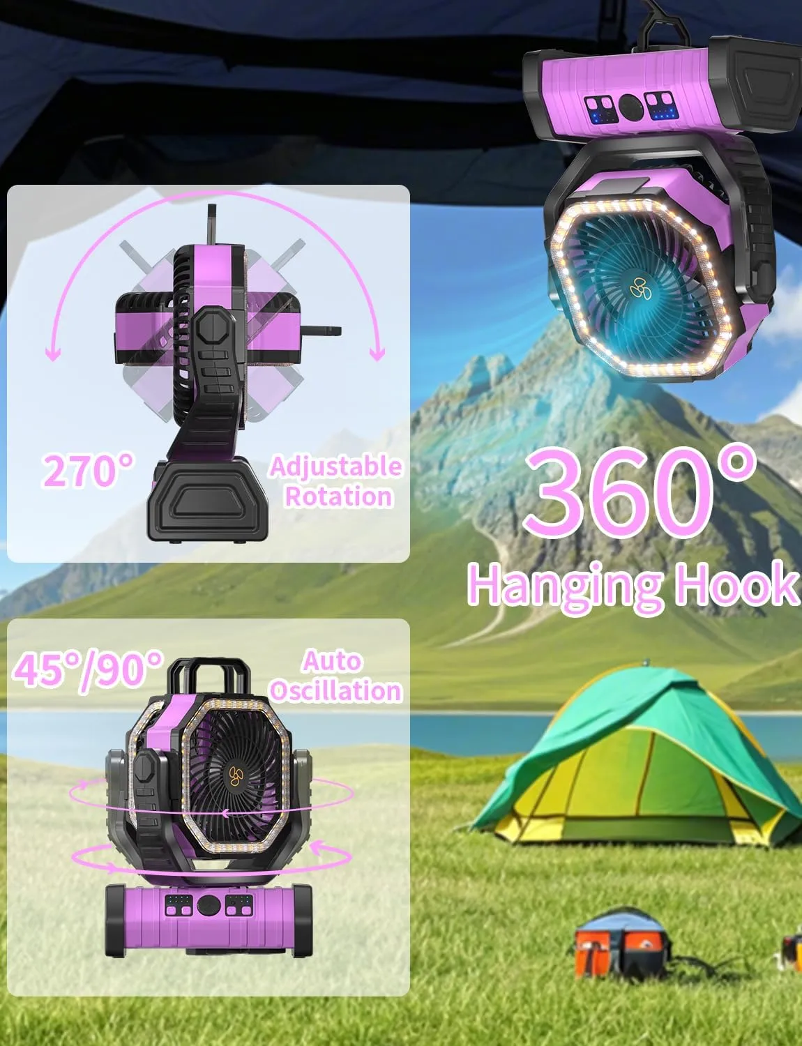 Battery Operated Portable Camping Fan Battery Powered Outdoor Tent Fan with LED Lantern Light 20000mAh Rechargeable, Oscillating, 360 Rotating Hanging Hook, Cordless USB Desk Fan(Pink)