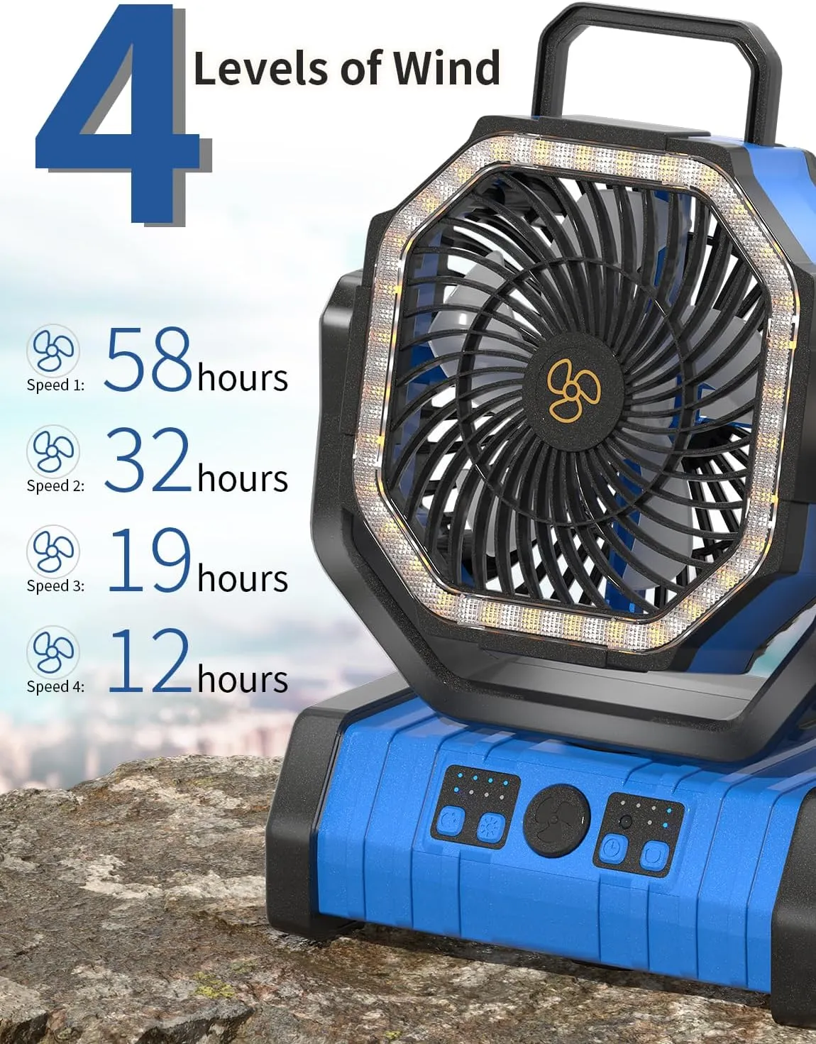 Battery Operated Powered Portable Camping Tent Fan with LED Lantern Light 20000mAh Rechargeable, Oscillating, 360 Rotating Hanging Hook, Cordless Fan for Outdoor Bedroom, Office(Blue)