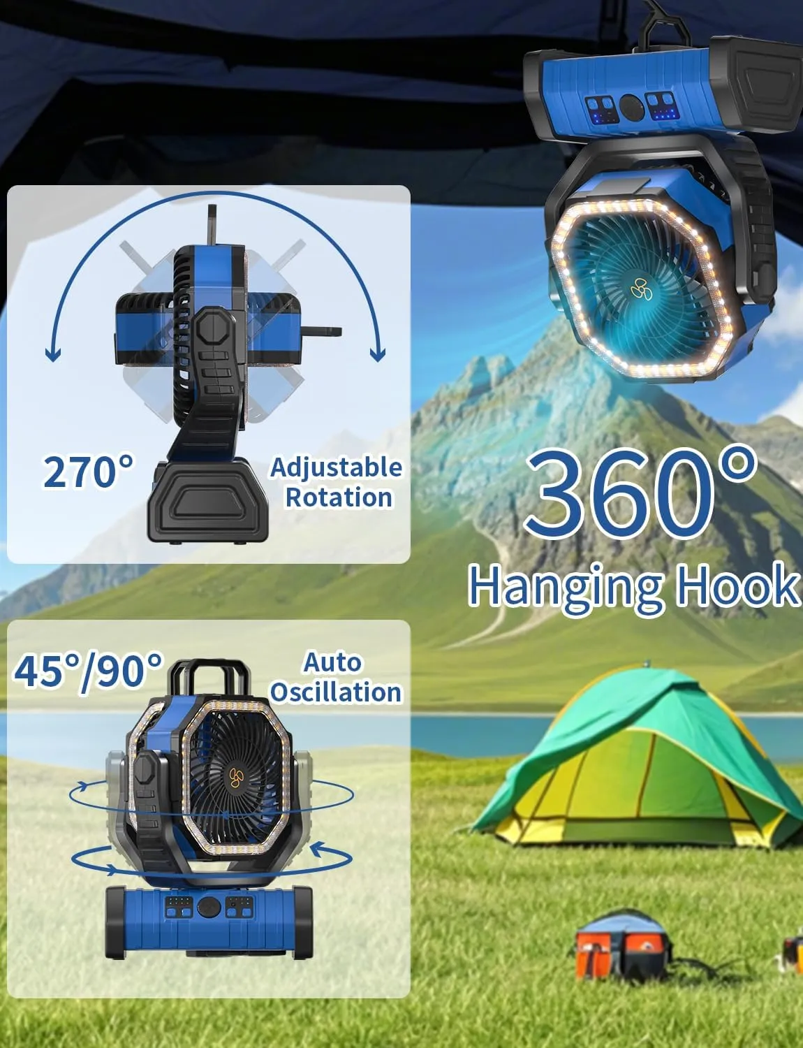 Battery Operated Powered Portable Camping Tent Fan with LED Lantern Light 20000mAh Rechargeable, Oscillating, 360 Rotating Hanging Hook, Cordless Fan for Outdoor Bedroom, Office(Blue)