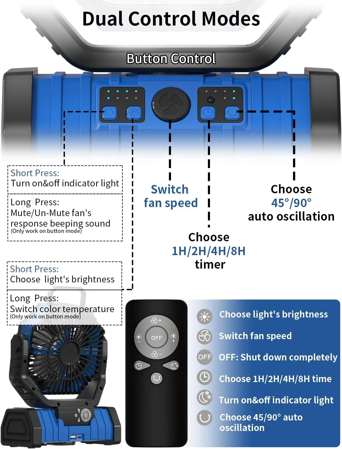 Battery Operated Powered Portable Camping Tent Fan with LED Lantern Light 20000mAh Rechargeable, Oscillating, 360 Rotating Hanging Hook, Cordless Fan for Outdoor Bedroom, Office(Blue)