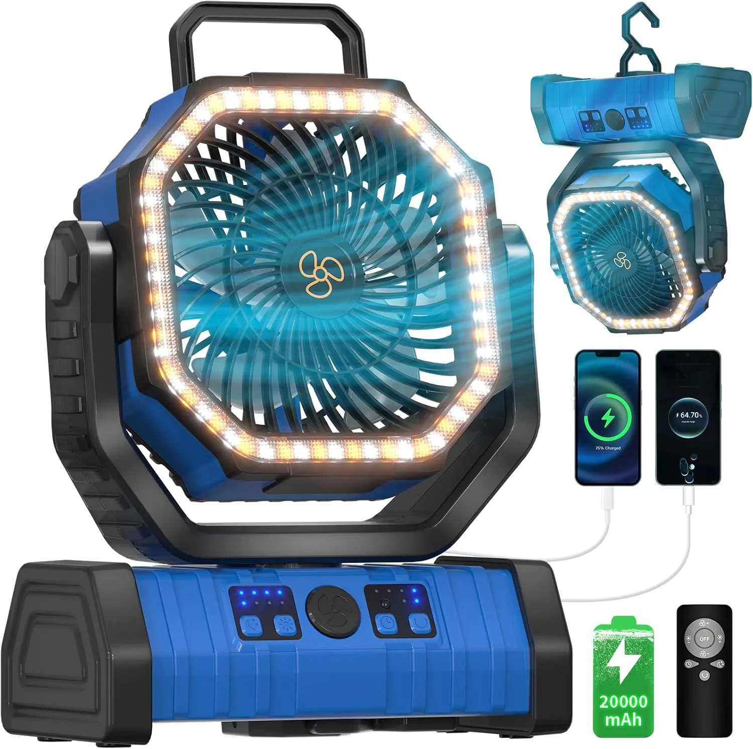 Battery Operated Powered Portable Camping Tent Fan with LED Lantern Light 20000mAh Rechargeable, Oscillating, 360 Rotating Hanging Hook, Cordless Fan for Outdoor Bedroom, Office(Blue) 360-degree rotating fan for home use