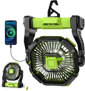 Battery Powered Fan -Camping Fan with Led Lantern, 12000mAh Portable Rechargeable, Battery Operated for Tent, Hook 4 Speed Quiet Personal for Desk, Travel, Fishing, Power Outage, Hurricane-Green Battery-powered portable fan