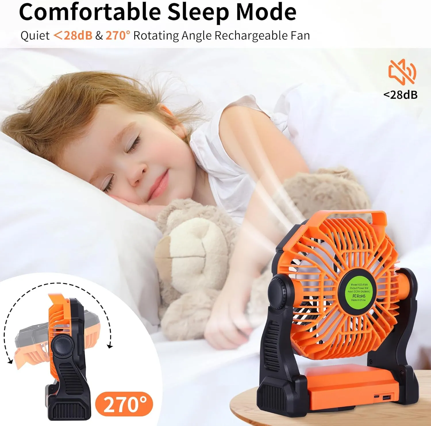 Battery Powered Fan Portable Fan Rechargeable,270Pivot Battery Operated Fans Camping Fan with LED Light & Hook,USB Personal Rechargeable Outdoor Camping for Tent, Travel