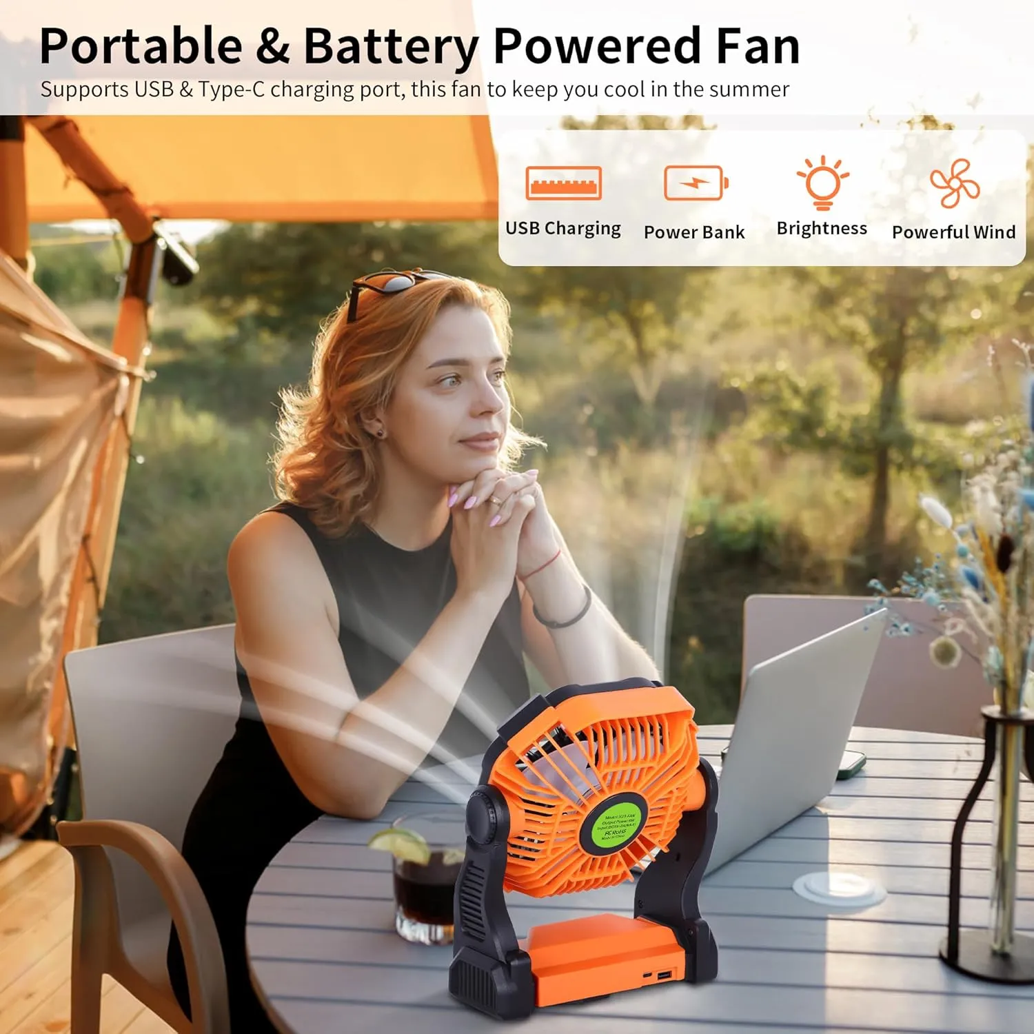 Battery Powered Fan Portable Fan Rechargeable,270Pivot Battery Operated Fans Camping Fan with LED Light & Hook,USB Personal Rechargeable Outdoor Camping for Tent, Travel