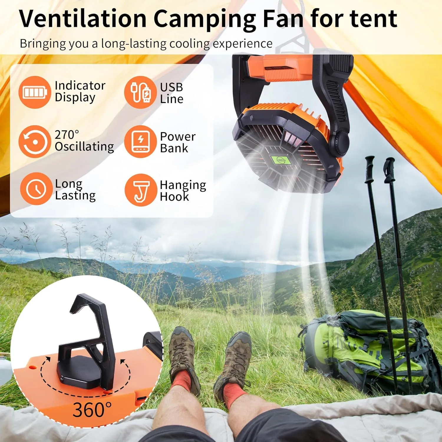 Battery Powered Fan Portable Fan Rechargeable,270Pivot Battery Operated Fans Camping Fan with LED Light & Hook,USB Personal Rechargeable Outdoor Camping for Tent, Travel