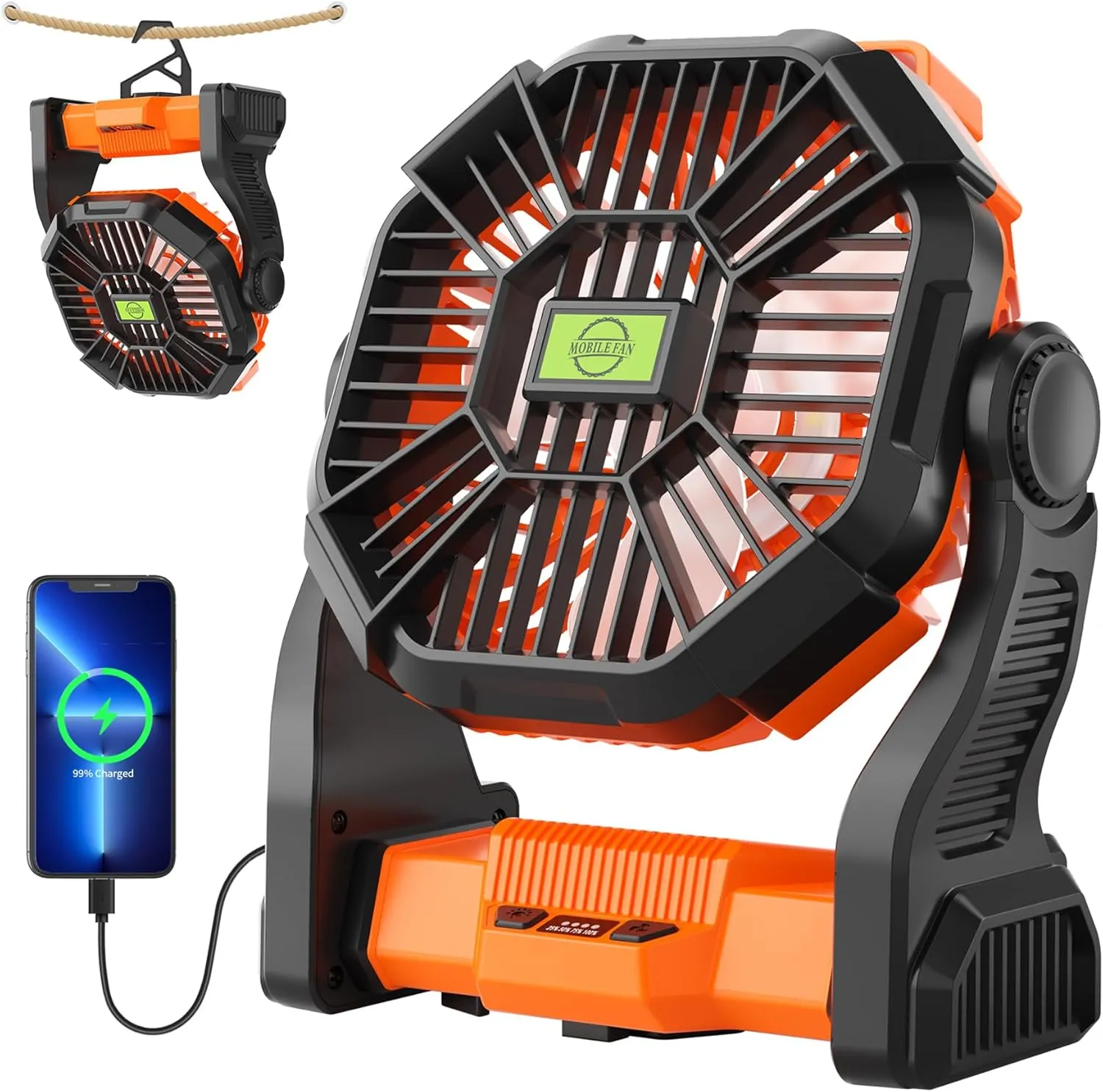Battery Powered Fan Portable Fan Rechargeable,270Pivot Battery Operated Fans Camping Fan with LED Light & Hook,USB Personal Rechargeable Outdoor Camping for Tent, Travel 360-degree rotating fan for home use