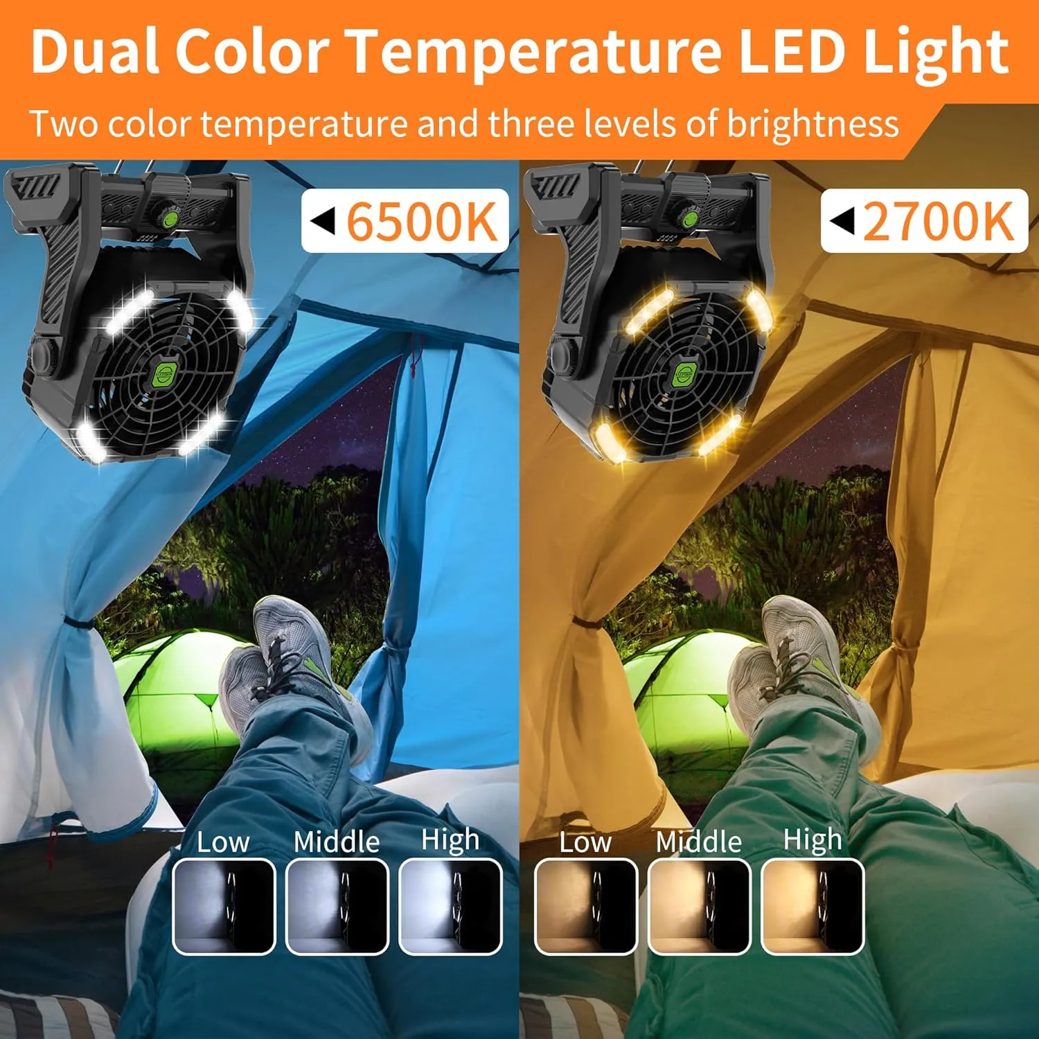 Battery Powered Fan,20000mAh Camping Essentials Rechargeable Cordless Camping Fan with LED Light & Hook270 Pivot USB Table Battery Operated for Tent Black X26