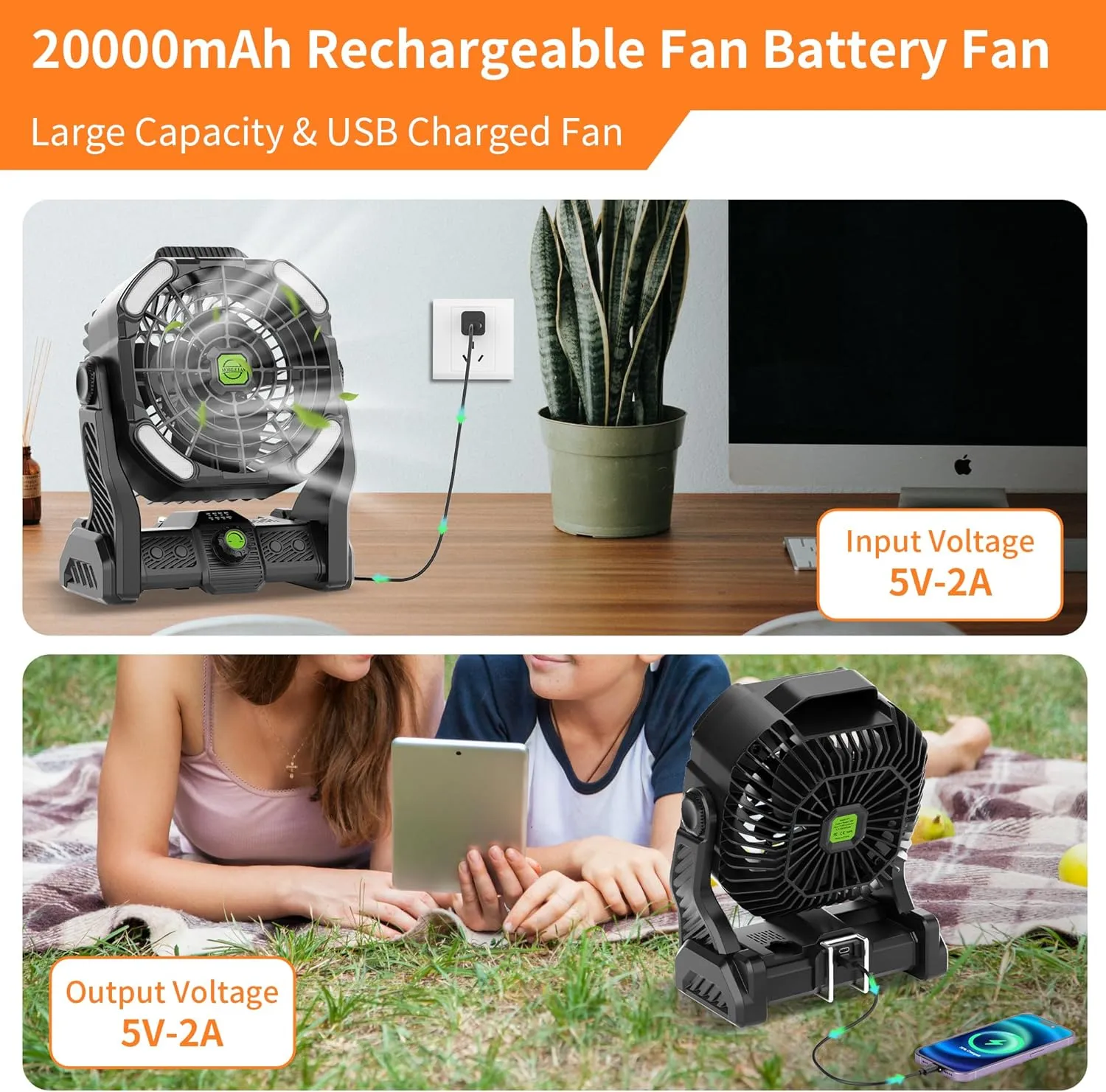 Battery Powered Fan,20000mAh Camping Essentials Rechargeable Cordless Camping Fan with LED Light & Hook270 Pivot USB Table Battery Operated for Tent Black X26