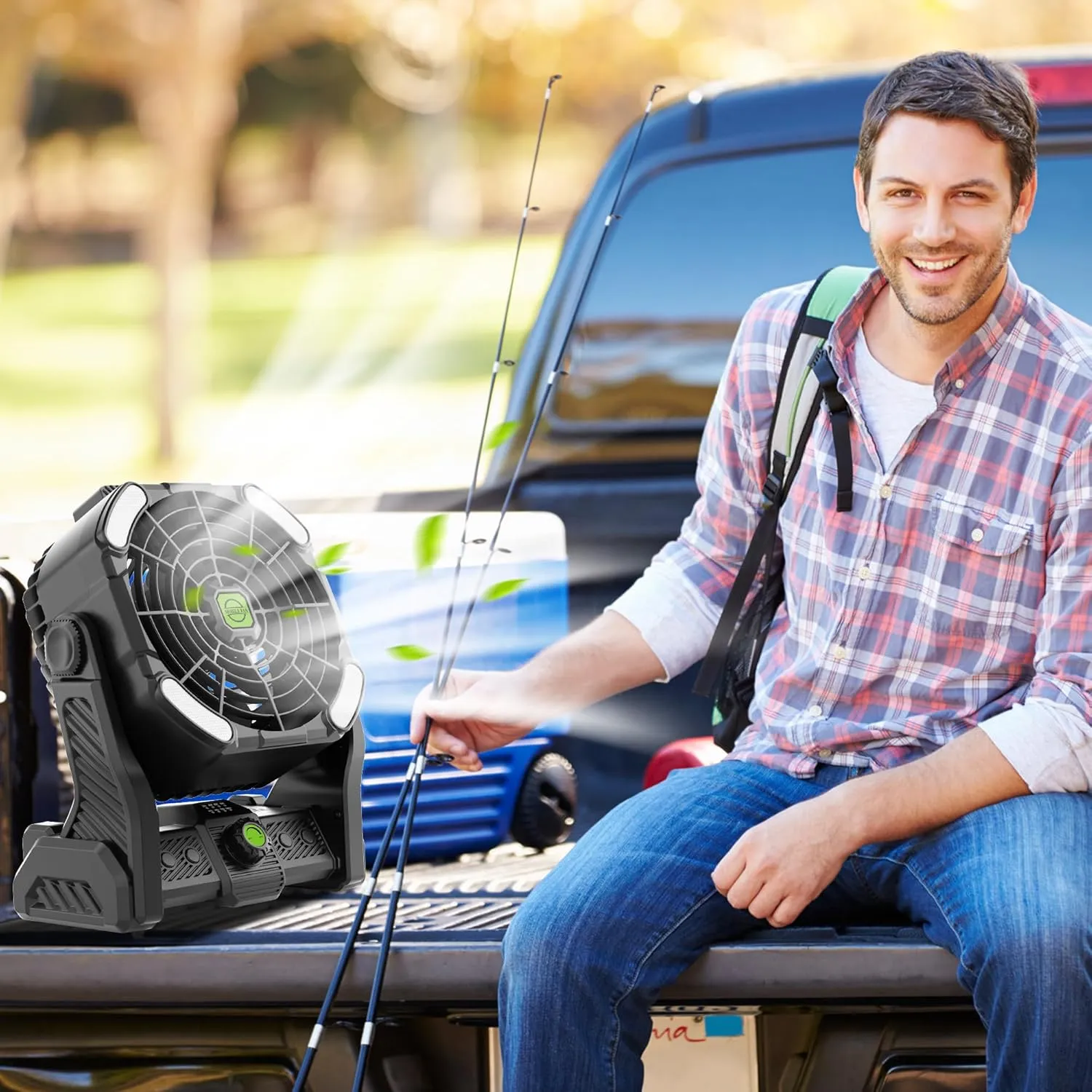 Battery Powered Fan,20000mAh Camping Essentials Rechargeable Cordless Camping Fan with LED Light & Hook270 Pivot USB Table Battery Operated for Tent Black X26