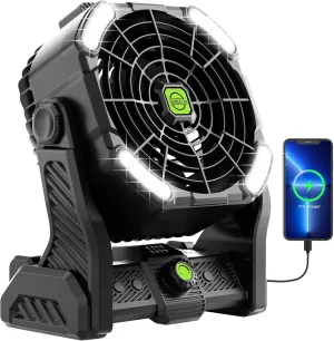 Battery Powered Fan,20000mAh Camping Essentials Rechargeable Cordless Camping Fan with LED Light & Hook270 Pivot USB Table Battery Operated for Tent Black X26 Battery-powered portable fan