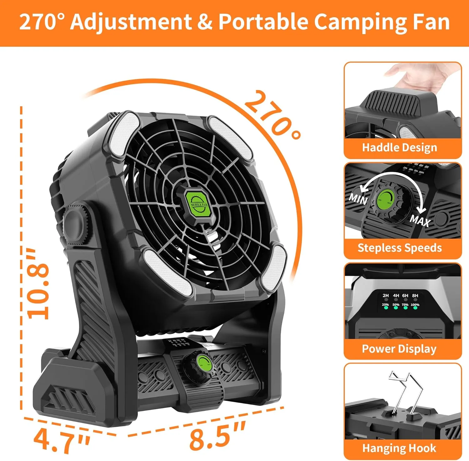 Battery Powered Fan,20000mAh Camping Essentials Rechargeable Cordless Camping Fan with LED Light & Hook270 Pivot USB Table Battery Operated for Tent Black X26