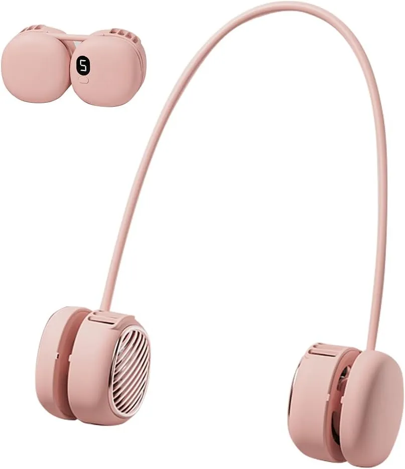 Battery Powered Neck Fan That Blows Cold Air - Portable Hands-Free Bladeless Fan LCD Display | Birthday Gifts for Men, Adjustable 5 Speeds, Ultra Lightweight for Travel, Gym, Office -Pink Neck fan for hands-free comfort
