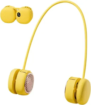 Battery Powered Neck Fan That Blows Cold Air - Portable Hands-Free Bladeless Fan w/LCD Display | Birthday Gifts for Men, Adjustable 5 Speeds, Ultra Lightweight for Travel, Gym, Office -Yellow Small bladeless fan for quiet cooling