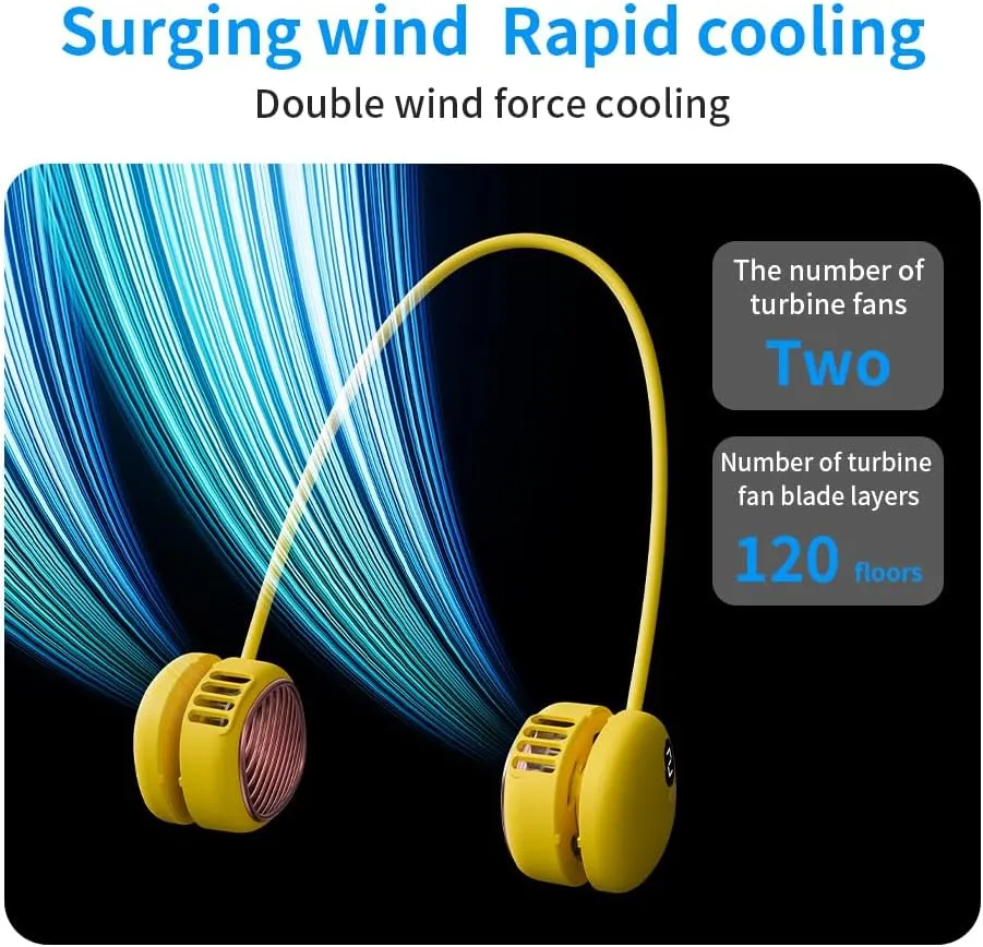 Battery Powered Neck Fan That Blows Cold Air - Portable Hands-Free Bladeless Fan w/LCD Display | Birthday Gifts for Men, Adjustable 5 Speeds, Ultra Lightweight for Travel, Gym, Office -Yellow