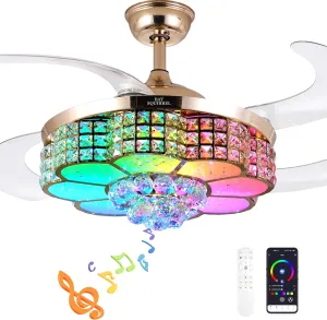BAYSQUIRREL Retractable Crystal Ceiling Fan with Light, Bluetooth Ceiling Fan with Speaker, RGB-LED Light 6 Speed Reversible Low Profile Modern Invisible Ceiling Fan,Remote and APP Control App-controlled remote fan for convenience