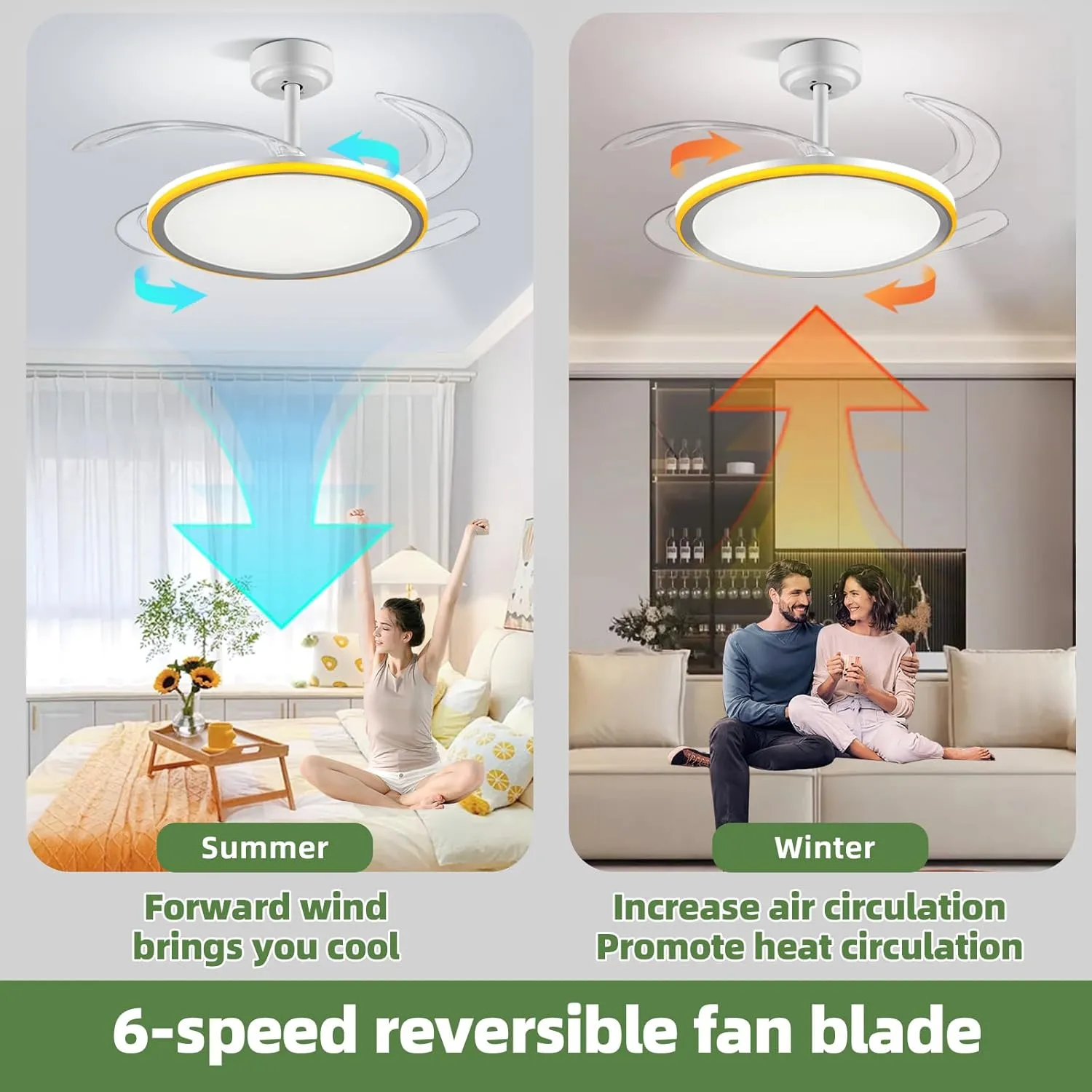 BAYSQUIRREL Slim Retractable Ceiling Fan with Light and APP/Remote Control, 42inch Modern Smart Ceiling Fan with Bluetooth Speaker, Dimmable Full Spectrum with Memory, 6-Speed Reversible Fan,White