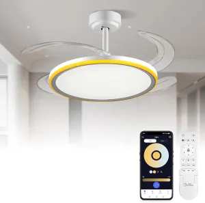 BAYSQUIRREL Slim Retractable Ceiling Fan with Light and APP/Remote Control, 42inch Modern Smart Ceiling Fan with Bluetooth Speaker, Dimmable Full Spectrum with Memory, 6-Speed Reversible Fan,White App-controlled remote fan for convenience
