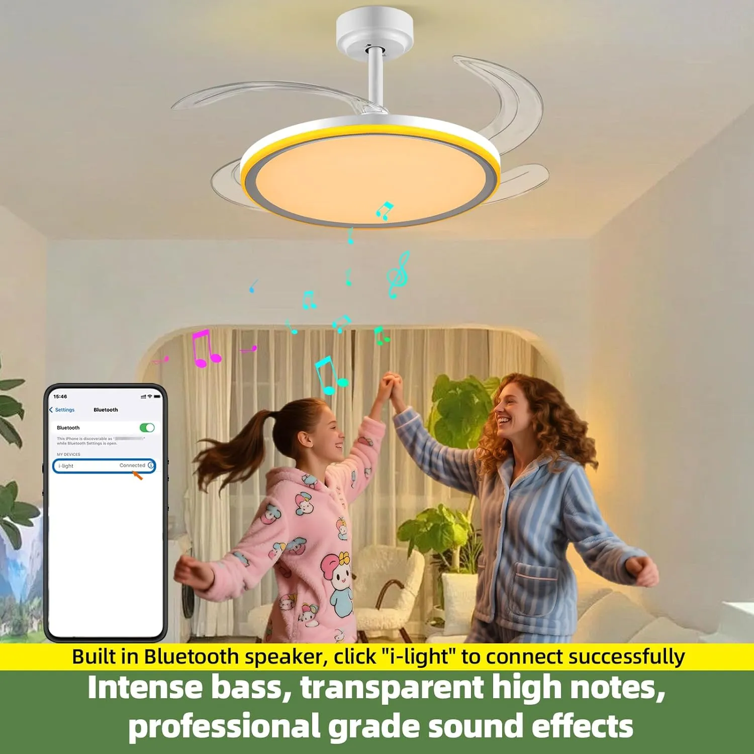 BAYSQUIRREL Slim Retractable Ceiling Fan with Light and APP/Remote Control, 42inch Modern Smart Ceiling Fan with Bluetooth Speaker, Dimmable Full Spectrum with Memory, 6-Speed Reversible Fan,White