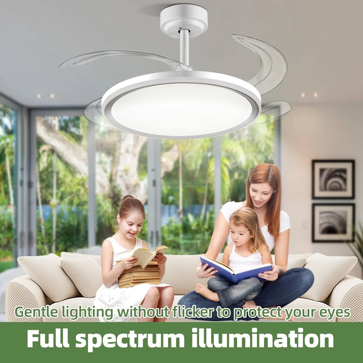 BAYSQUIRREL Slim Retractable Ceiling Fan with Light and APP/Remote Control, 42inch Modern Smart Ceiling Fan with Bluetooth Speaker, Dimmable Full Spectrum with Memory, 6-Speed Reversible Fan,White