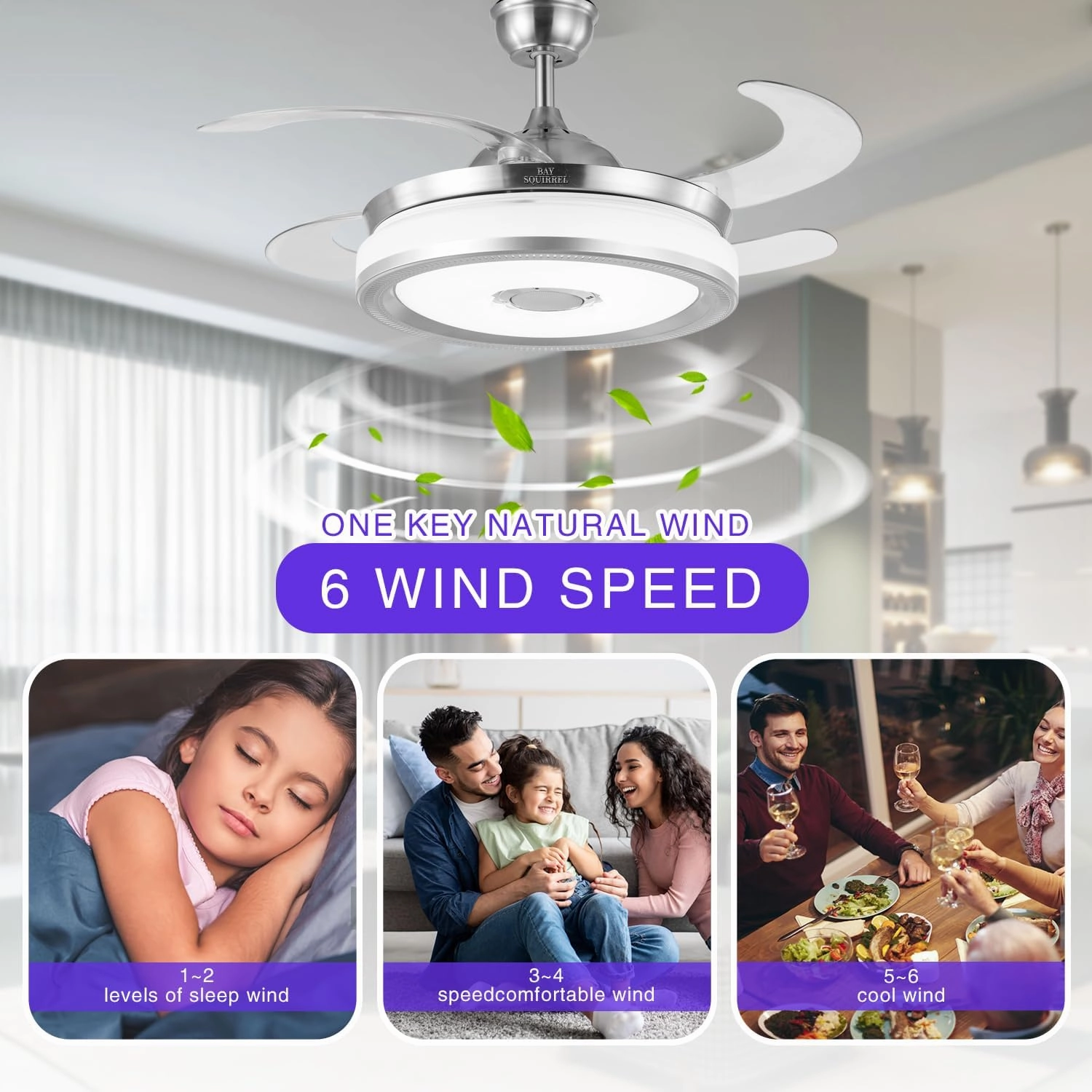 BAYSQUIRREL Retractable Bluetooth Ceiling Fan with Speaker, RGB-LED Light Flush Mount Ceiling Fans with Lights,6 Speed Reversible Modern Invisible Ceiling Fan,Remote and APP Control