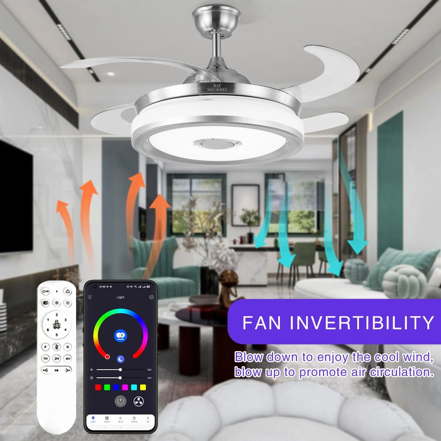 BAYSQUIRREL Retractable Bluetooth Ceiling Fan with Speaker, RGB-LED Light Flush Mount Ceiling Fans with Lights,6 Speed Reversible Modern Invisible Ceiling Fan,Remote and APP Control