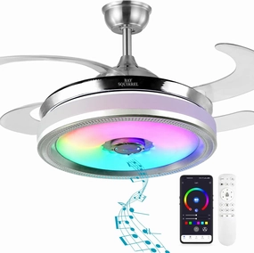 BAYSQUIRREL Retractable Bluetooth Ceiling Fan with Speaker, RGB-LED Light Flush Mount Ceiling Fans with Lights,6 Speed Reversible Modern Invisible Ceiling Fan,Remote and APP Control App-controlled remote fan for convenience