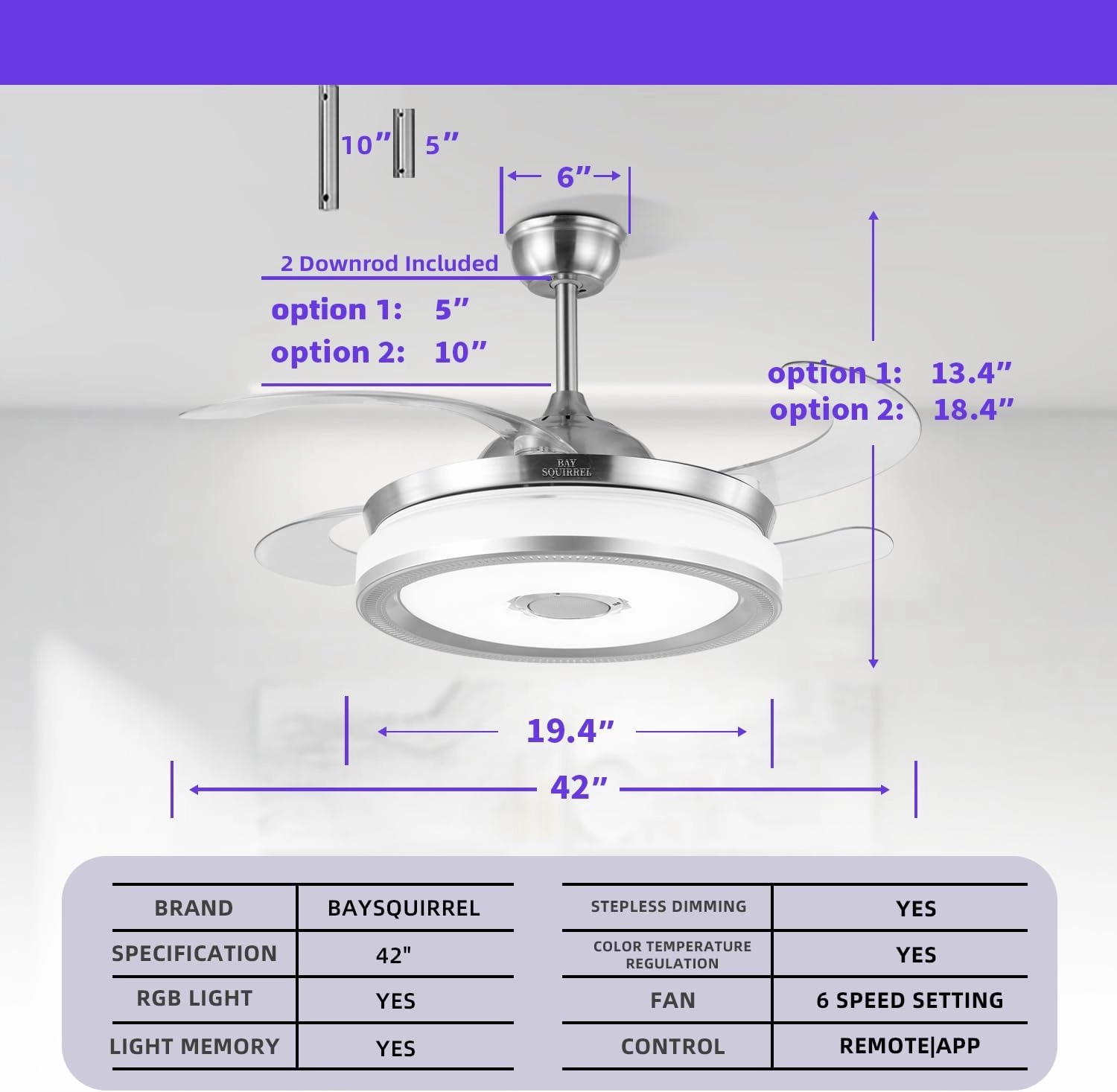 BAYSQUIRREL Retractable Bluetooth Ceiling Fan with Speaker, RGB-LED Light Flush Mount Ceiling Fans with Lights,6 Speed Reversible Modern Invisible Ceiling Fan,Remote and APP Control