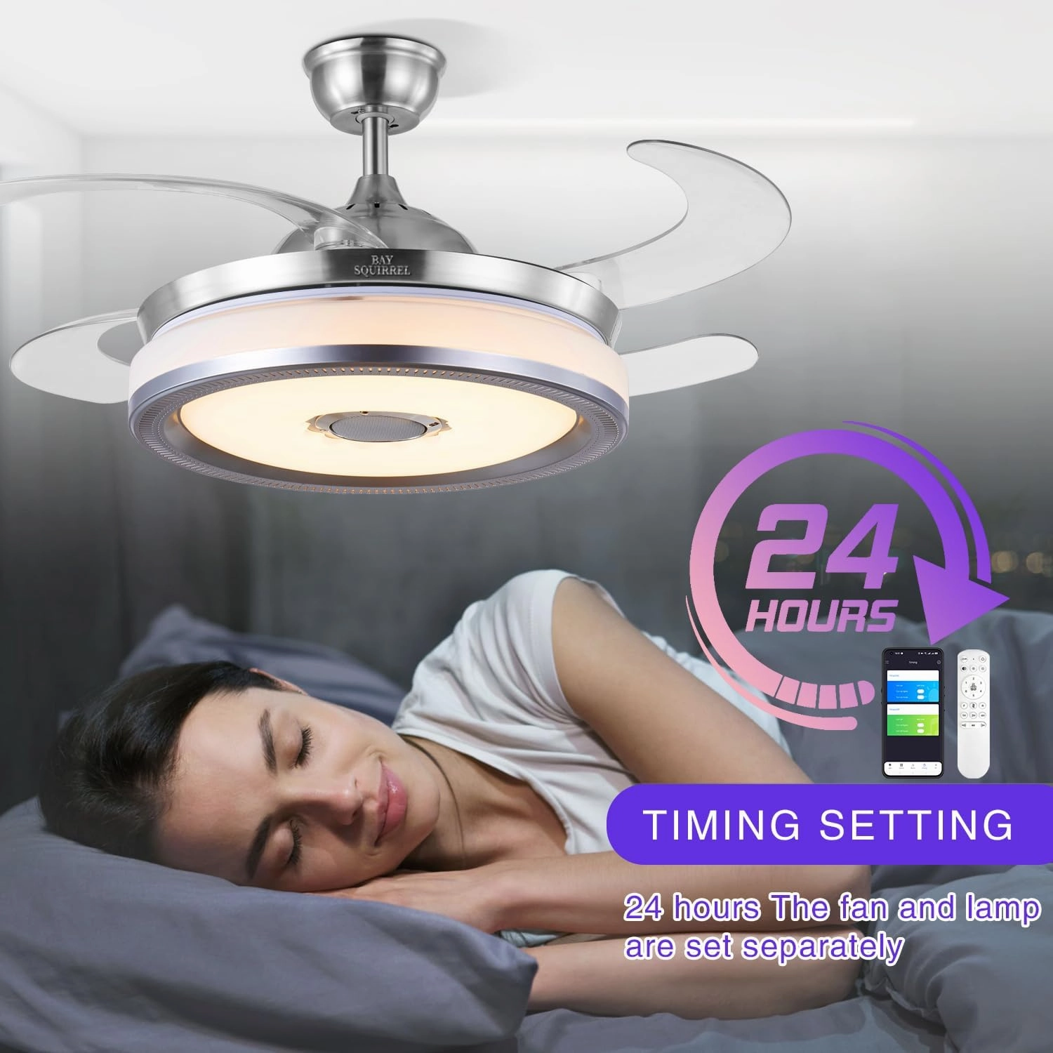 BAYSQUIRREL Retractable Bluetooth Ceiling Fan with Speaker, RGB-LED Light Flush Mount Ceiling Fans with Lights,6 Speed Reversible Modern Invisible Ceiling Fan,Remote and APP Control