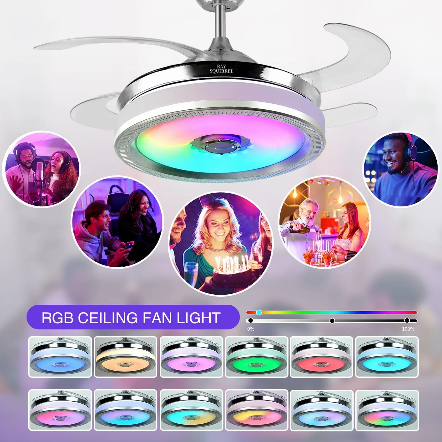 BAYSQUIRREL Retractable Bluetooth Ceiling Fan with Speaker, RGB-LED Light Flush Mount Ceiling Fans with Lights,6 Speed Reversible Modern Invisible Ceiling Fan,Remote and APP Control