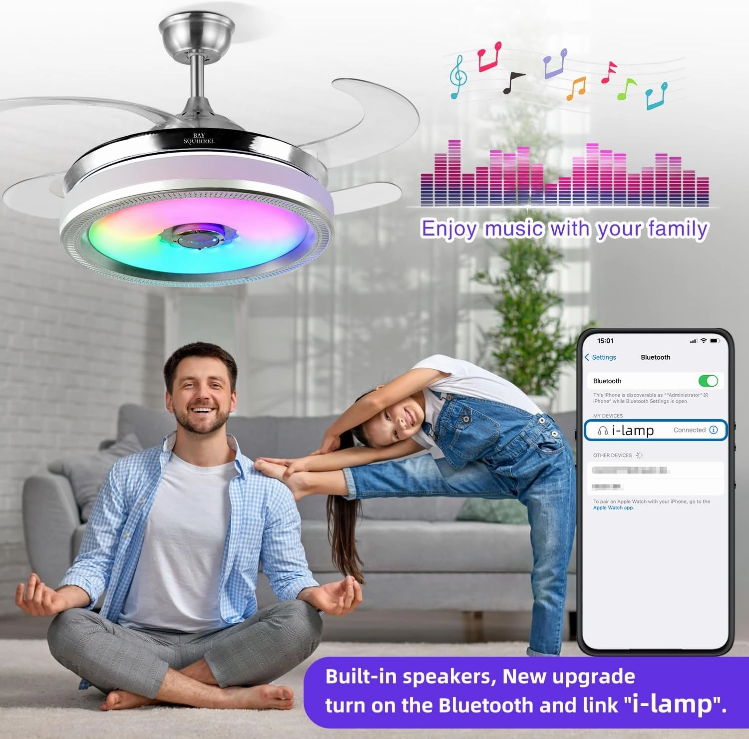 BAYSQUIRREL Retractable Bluetooth Ceiling Fan with Speaker, RGB-LED Light Flush Mount Ceiling Fans with Lights,6 Speed Reversible Modern Invisible Ceiling Fan,Remote and APP Control