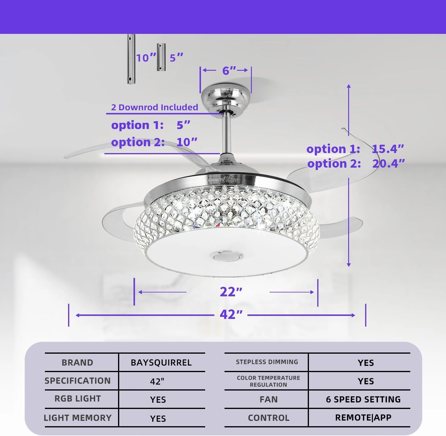 BAYSQUIRREL Retractable Ceiling Fan with Light, Low Profile Bluetooth Ceiling Fan with Speaker,RGB-LED Light 6 Speed Reversible Invisible Ceiling Fans for Bedroom,Remote and APP Control