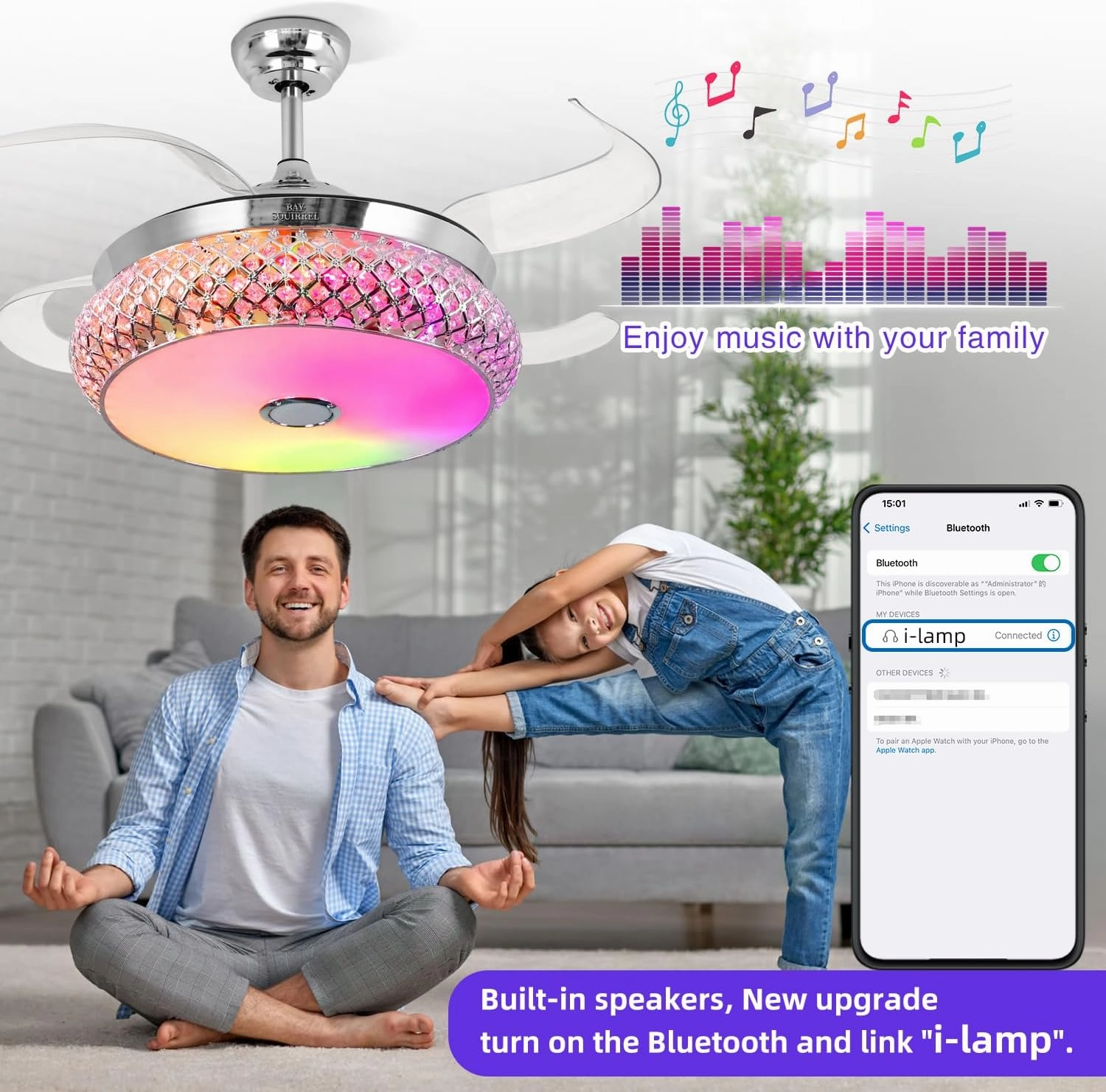 BAYSQUIRREL Retractable Ceiling Fan with Light, Low Profile Bluetooth Ceiling Fan with Speaker,RGB-LED Light 6 Speed Reversible Invisible Ceiling Fans for Bedroom,Remote and APP Control