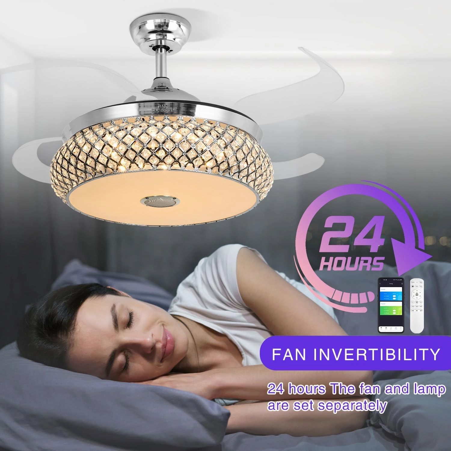 BAYSQUIRREL Retractable Ceiling Fan with Light, Low Profile Bluetooth Ceiling Fan with Speaker,RGB-LED Light 6 Speed Reversible Invisible Ceiling Fans for Bedroom,Remote and APP Control