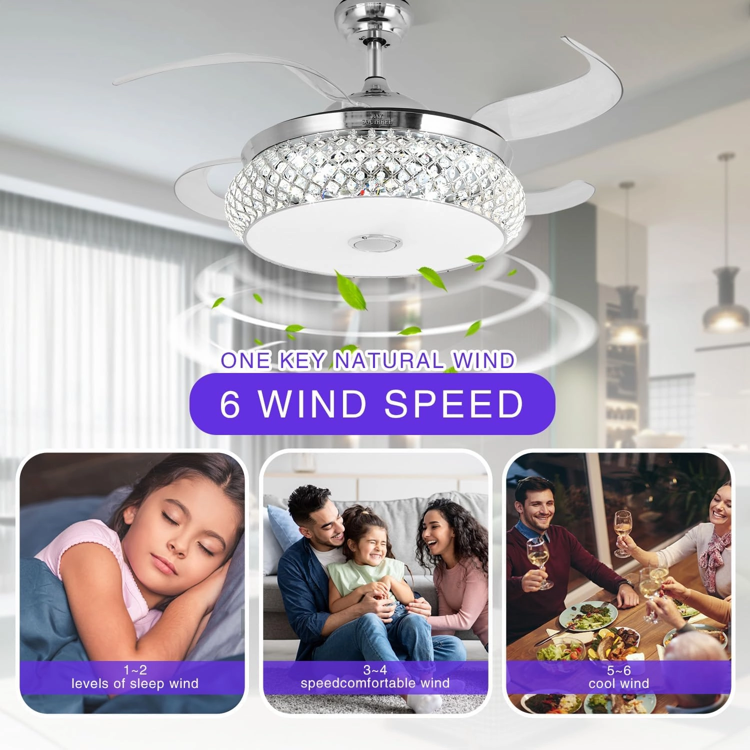 BAYSQUIRREL Retractable Ceiling Fan with Light, Low Profile Bluetooth Ceiling Fan with Speaker,RGB-LED Light 6 Speed Reversible Invisible Ceiling Fans for Bedroom,Remote and APP Control