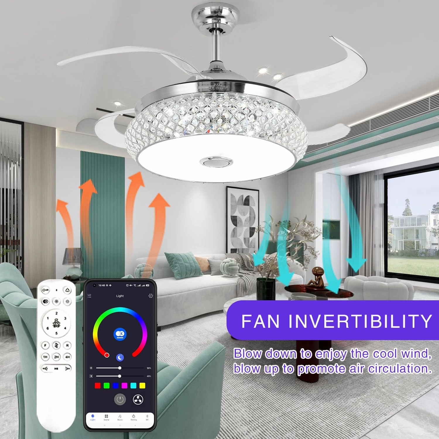 BAYSQUIRREL Retractable Ceiling Fan with Light, Low Profile Bluetooth Ceiling Fan with Speaker,RGB-LED Light 6 Speed Reversible Invisible Ceiling Fans for Bedroom,Remote and APP Control