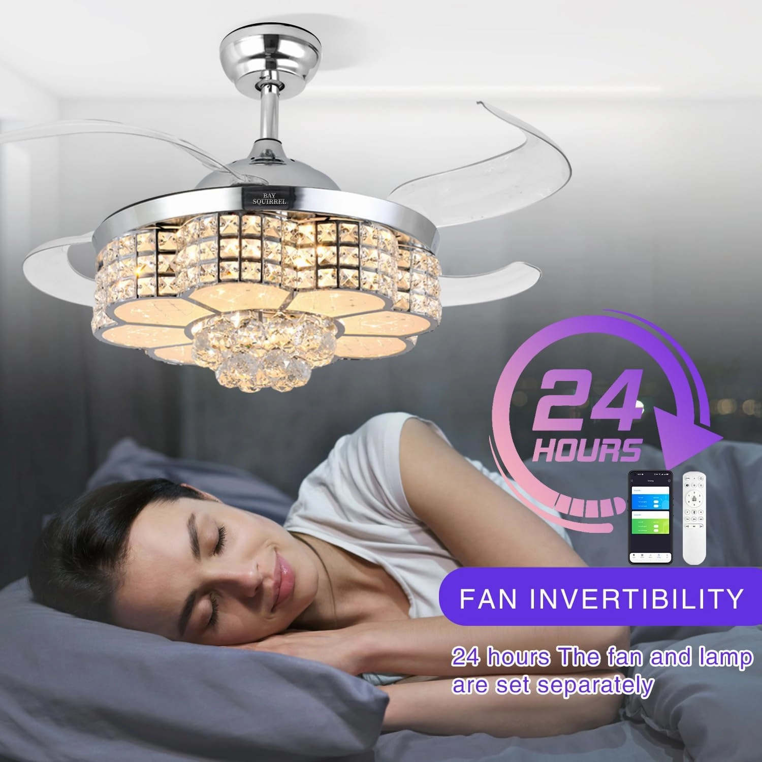 BAYSQUIRREL Retractable Crystal Ceiling Fan with Light and Remote/APP Control, Bluetooth Ceiling Fan with Speaker, RGB-LED Light 6 Speeds Reversible Blades,Flush Mount Chandelier Ceiling Fan